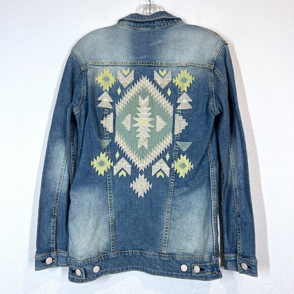 Western Embroidered Denim Jacket Blue Green Aztec Print Small - Picture 1 of 10